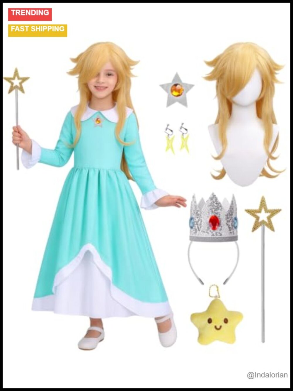 Girls Princess Costume Dress with Wig Wand Crown Accessory Set